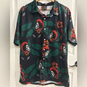 OAF Nation Shirt Men XXL Black Skull Hawaiian Floral Skull Button Up Beach